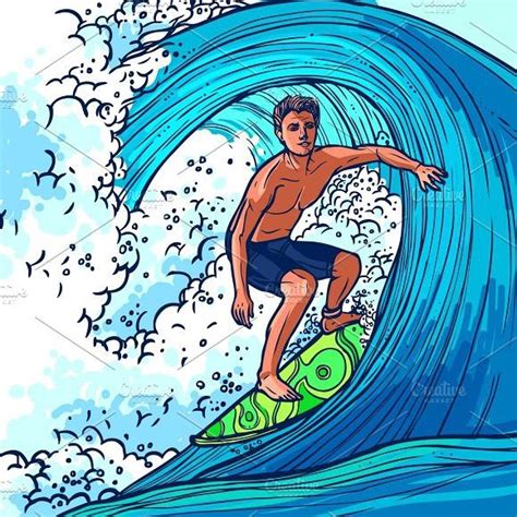 Surfer Man On Surfboard On Wave Surfer Art Surfing Drawing Surf Art