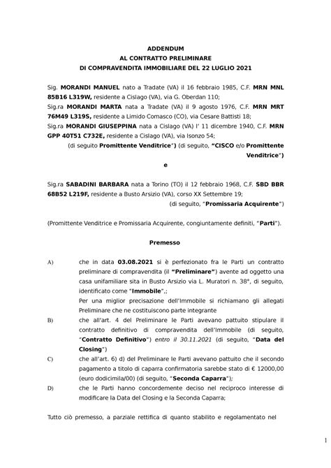 Format Postergazione Data Addendum Al Contratto Preliminare Di