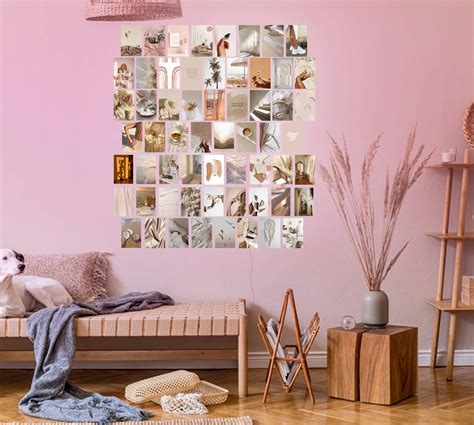 Btaidi 60 Pcs Beige Boho Wall Collage Kit Aesthetic Pictures Cream