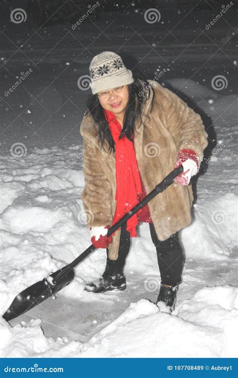 Lady Shoveling Snow Stock Image Image Of Cleaning Driveway 107708489