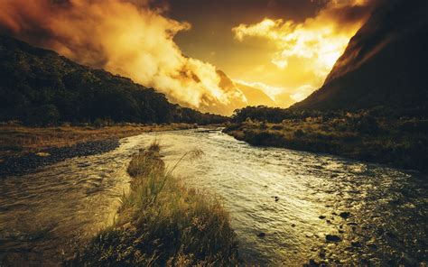 Wallpaper 2560x1600 Px Clouds Grass Nature River Sunset