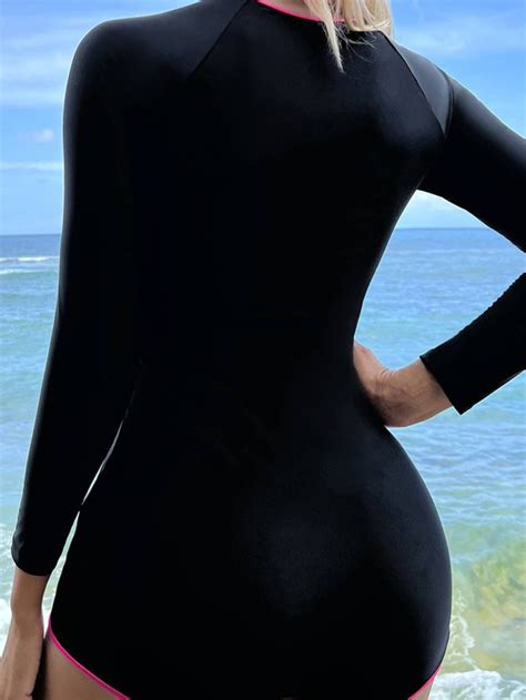 Contrast Binding Zipper Front One Piece Swimsuit Shein Usa