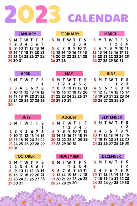 Simple Calendar Of 2023 Decorated With Purple Flower Calendar 2023