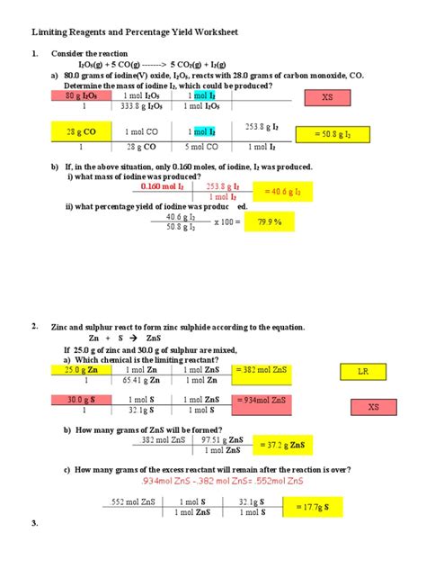 Limiting Reagents And Percentage Yield Worksheet Answers Pdf Mole