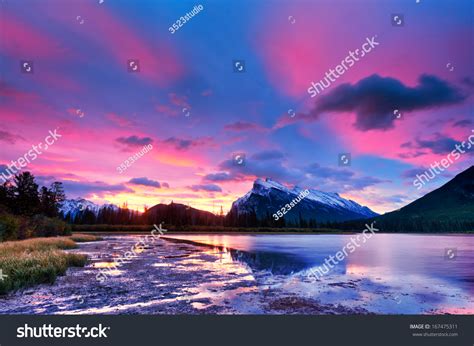 Sunset Sunrise Above Vermilion Lakes Banff National Park Canada Stock