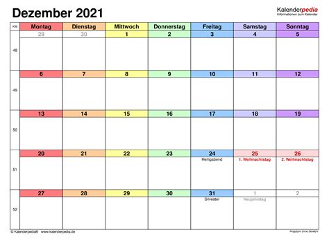 Feiertage (bundesweite, bewegliche, länderspezifische schulferien) für . Kalender December 2021 als Word-Vorlagen