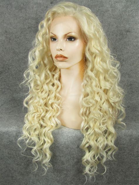 • blonde wigs with & without bangs! 24 Pale Golden Blonde Long Curly Synthetic Lace Front Wig ...