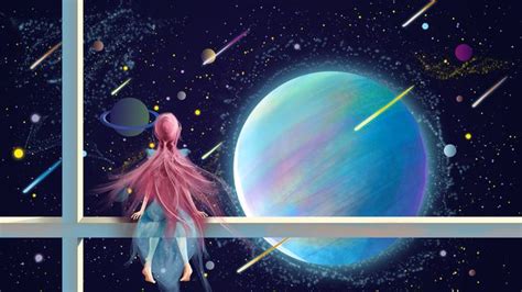 Fantasy Starry Sky Girl Watching Meteor Illustration