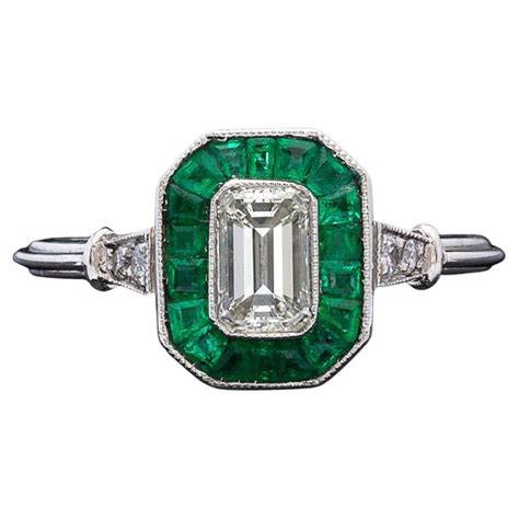Customizable Art Deco Certified Natural Diamond And Emerald Engagement