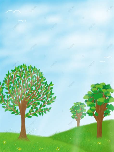 Original Hand Painted Cartoon Hillside Trees Blue Sky And White Clouds