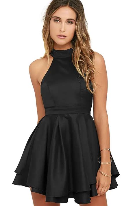 Little Black Cute Short Evening Dresses 2017 Halter Satin Informal