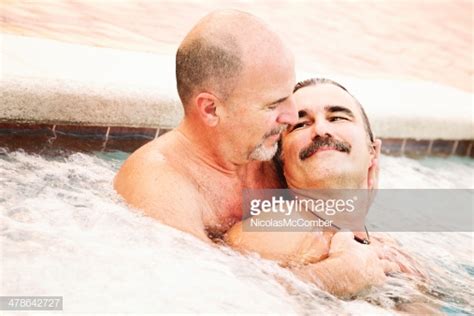 Closeup Two Mature Gay Bear Men Embracing In Hot Tub High