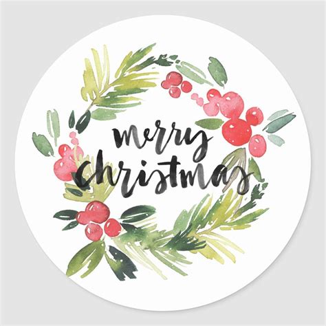 Watercolor Holly Wreath Merry Christmas Sticker In 2020