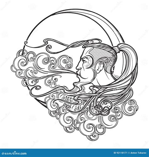 Blowing Wind And Weather God Zephyr A Mythological Character Ornament Element Black Ink Lines