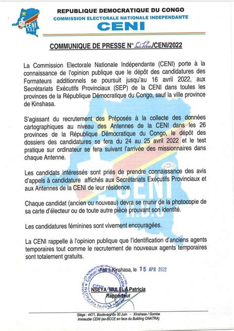 Ceni Rdc On Twitter Communique N°012ceni2022 La Ceni Informe L