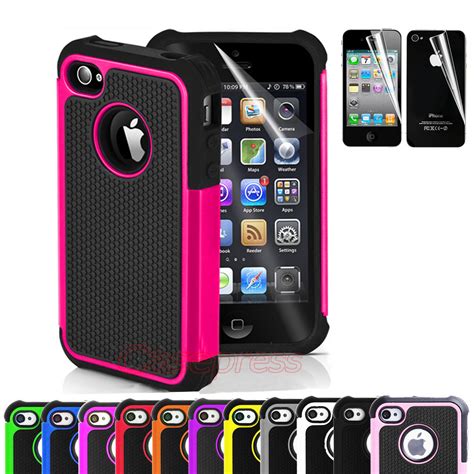For Iphone 4 4s Black Rugged Rubber Matte Hard Case Cover W Screen