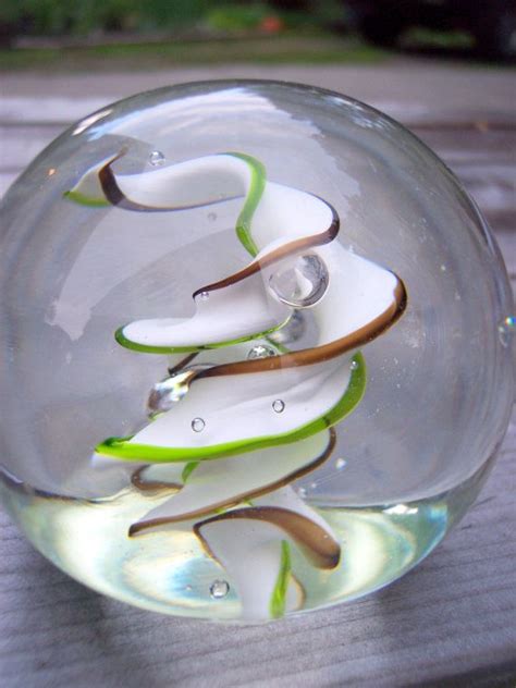Hand Blown Art Glass Paperweight In Green And White By Bill Riker Glass Paperweights
