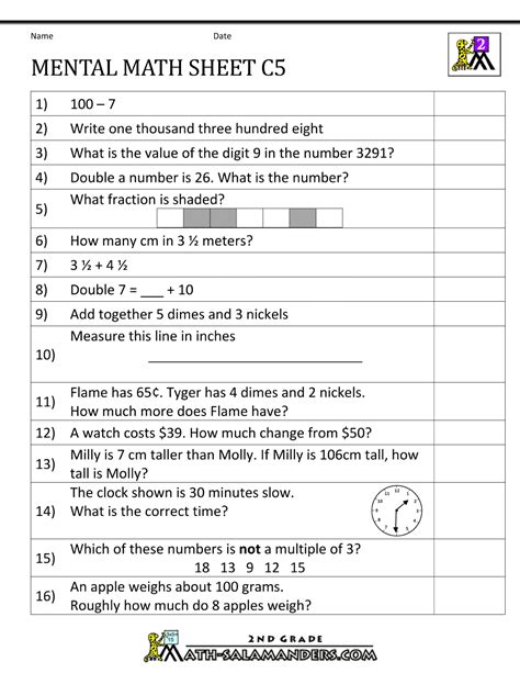Mental Math Worksheet Nd Grade