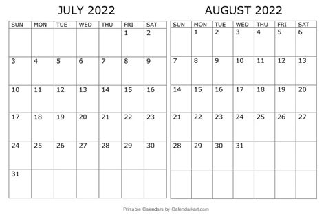 Printable July August 2021 Calendar Calendarkart Printable Calendar
