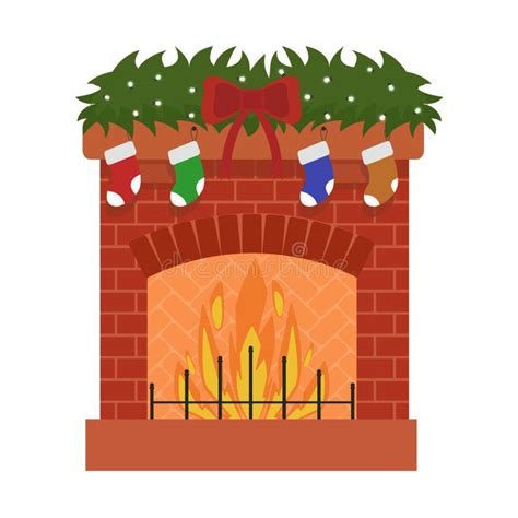 Christmas Fireplace And Decorations On White Isolated Background