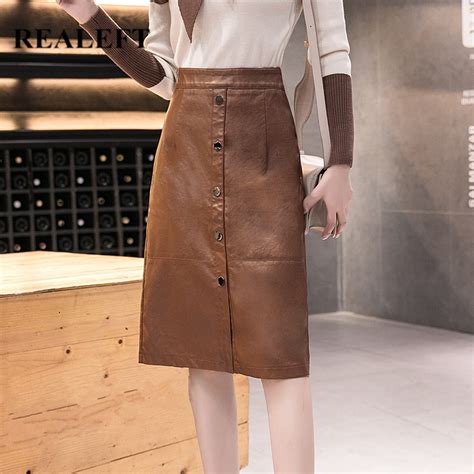 Realeft Autumn Winter Single Breasted Womens Pu Leather Skirts New 2021 Front Split Midi Skirts