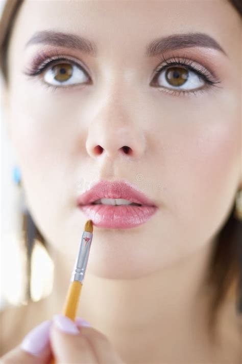 Beautiful Girl With Cosmetic Powder Brush For Make Up Makeup Make Up