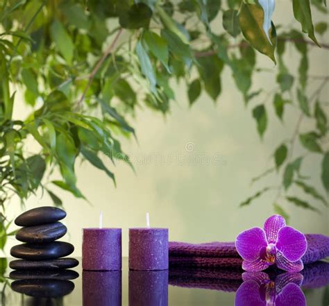 Purple Orchid Candles And Zen Stones Spa Concept Stock Image Image Of