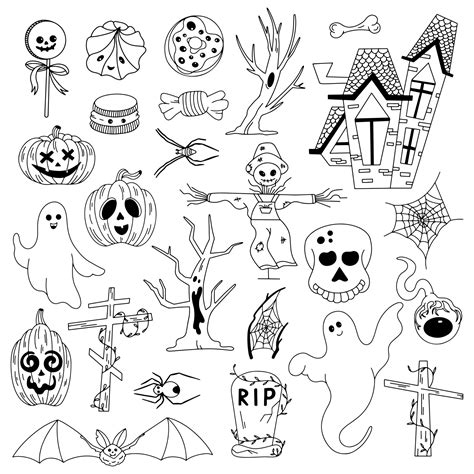 Halloween Vector Line Art Set Traditional Halloween Symbols Carved
