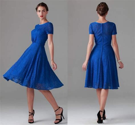 Elegant Short Sleeves Lace Royal Blue Dress Knee Length Mother Of The Bride Dresses 2014 Formal