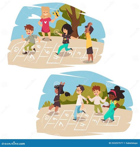 Niños Jugando Al Hopscotch Y Divertiéndose Con La Ilustración Del
