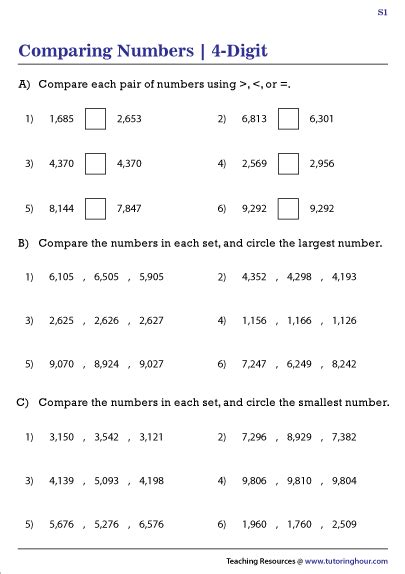 Comparing 4 Digit Numbers Worksheets