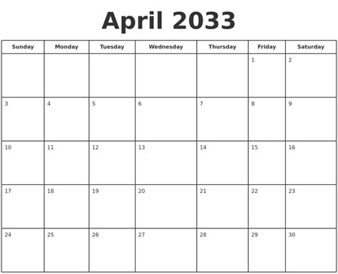 April 2033 Print A Calendar
