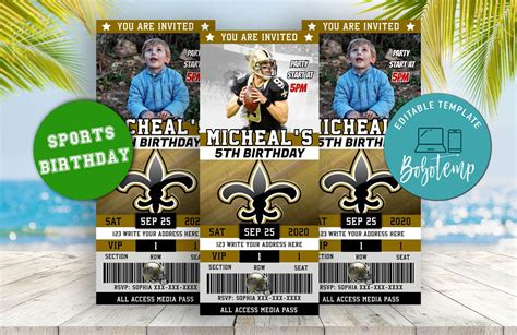 Editable New Orleans Saints Birthday Ticket Invitations Createpartylabels