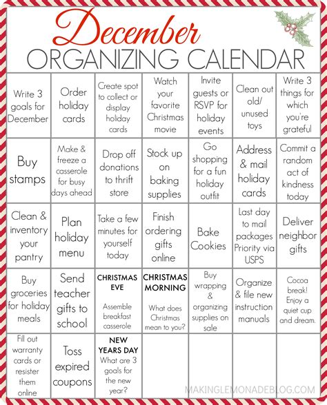 Free Printable December Organizing Calendar Making Lemonade