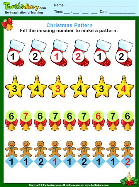 Christmas Pattern Fill Missing Numbers Worksheet Turtle Diary