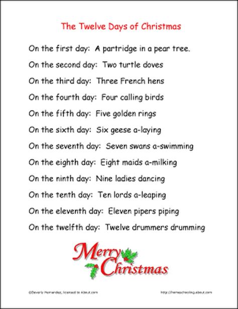 Large Print 12 Days Of Christmas Lyrics Printable Pdf