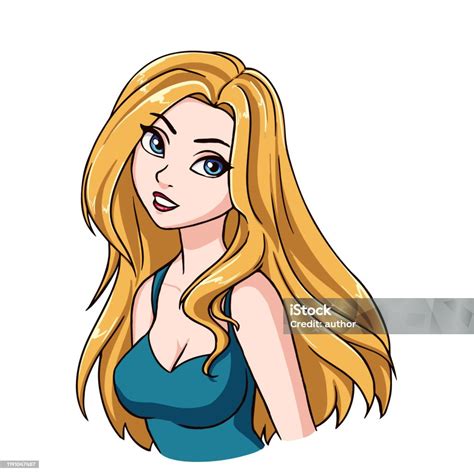 beautiful cartoon smiling girl portrait long blonde hair big blue eyes blue shirt stock