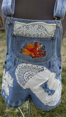 Boho Denim Overalls Shorts Country Shabby Chic Farm Girl Pooh Vintage