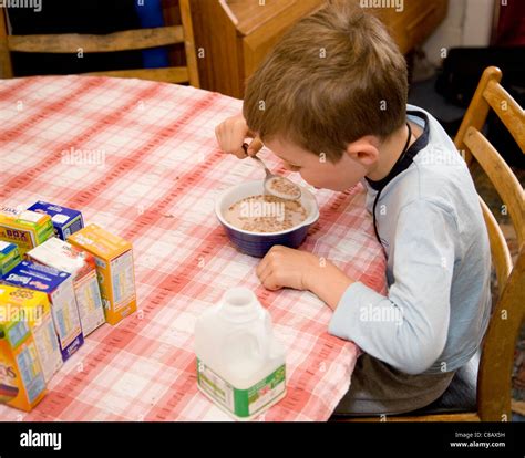 Boy Eating Breakfast Cereal Stock Photo Alamy