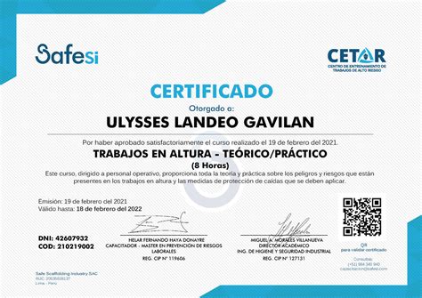 Certificado De Trabajo En Altura De Ulysses Ulysses Landeo Gavilan