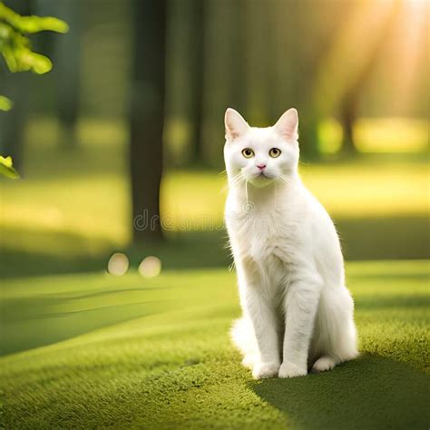 White Cat Sitting On Grass In Garden Ai Generative Stock Illustration