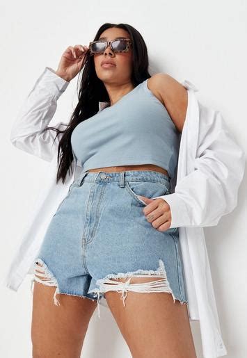 Recycled Plus Size Blue Riot Rip Denim Mom Shorts Missguided