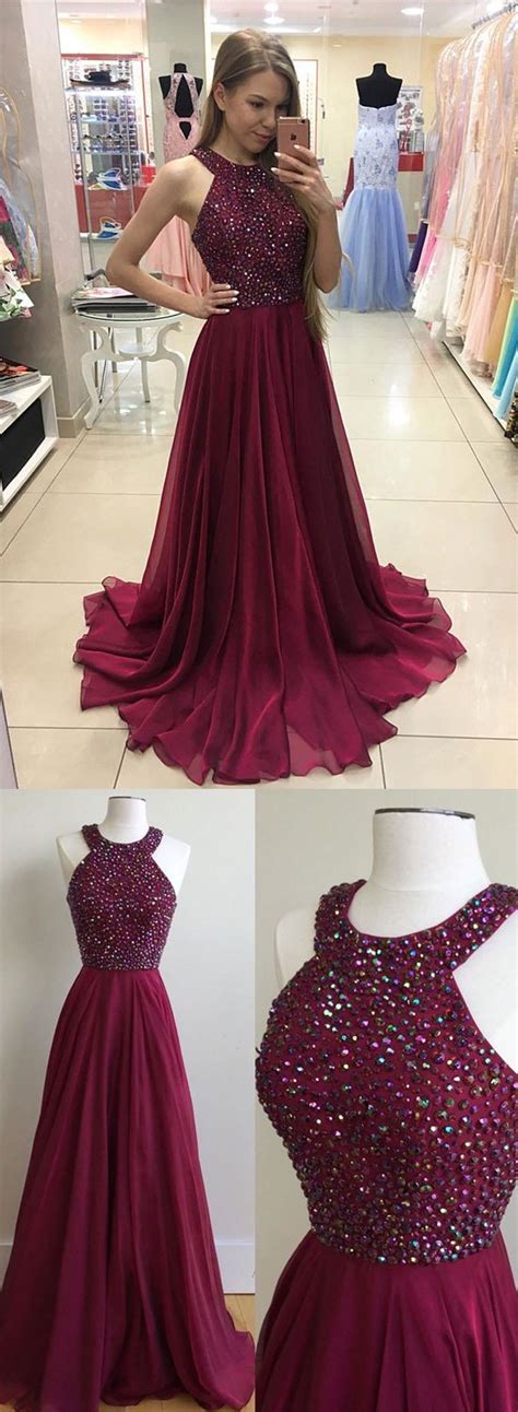 Stand out in a stunning prom gown from dessy. Burgundy chiffon long prom dress, burgundy evening dress ...