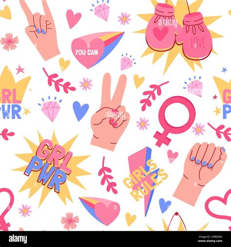 Feminist Seamless Pattern With Female Hands Fists And Grl Pwr Slogans Women Sisterhood