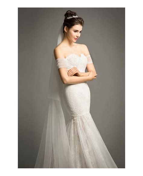 Sexy Mermaid Off The Shoulder Sweep Train Tulle Wedding Dress With