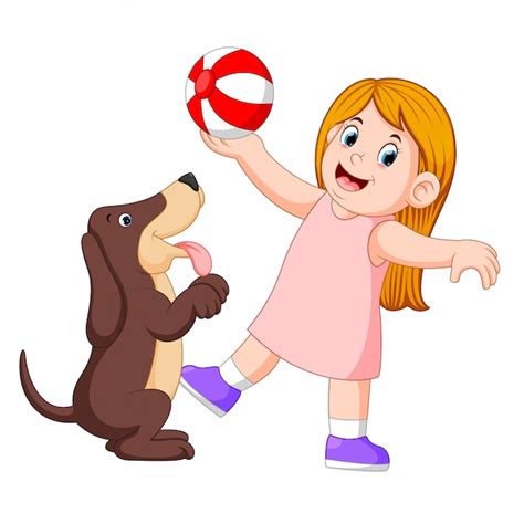 Premium Vector Young Girl Playing Ball With Dog