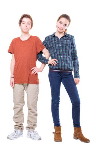 Brother And Sister Standing With Linked Arms Isolated On White Stock