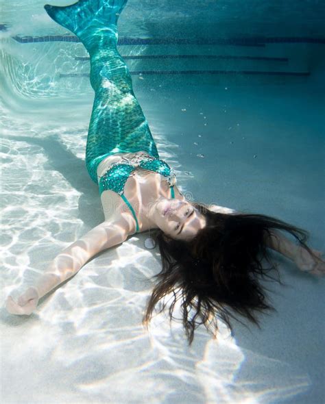Model Underwater In A Pool Wearing A Mermaids Tail Stock Photo Image
