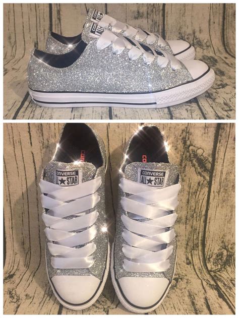 Womens Sparkly Silver Glitter Converse All Stars Chucks Sneakers Shoes