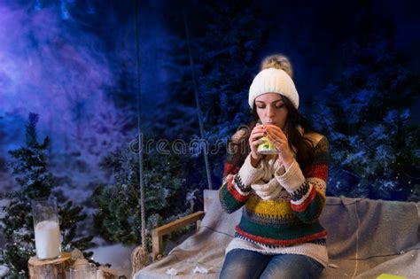 Christmas New Year Snow Winter Beautiful Girl In White Hat Nature Stock